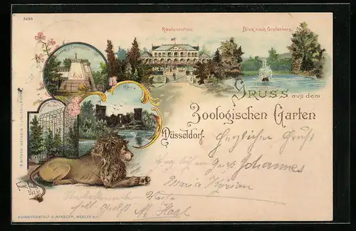 Lithographie Düsseldorf, Zoologischer Garten, Männlicher Löwe, Vogelhaus, Kamel- und Elefantenhaus, Restaurant, Ruine