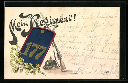Lithographie Mein Regiment!, Karabiner und Pickelhaube eines Soldaten des 177. Regiments