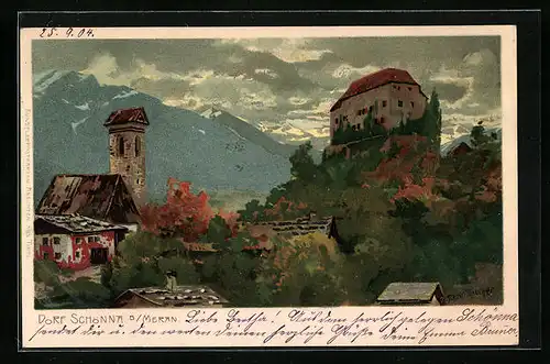 Künstler-AK Zeno Diemer: Schönna b. Meran, Ortsansicht mit Burg und Alpenpanorama