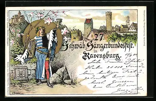 Lithographie Ganzsache PP27C52 /02: Ravensburg, 27. Schwäb. Sängerbundesfest 1904, Festpostkarte