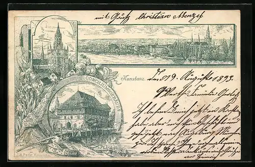 Vorläufer-Lithographie Konstanz, 1893, Totalansicht, Konziliumsgebäude, Münster