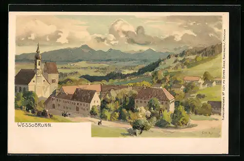 Künstler-AK Edward Harrison Compton: Wessobrunn, Ortspartie mit Kirche und Landschaftspanorama