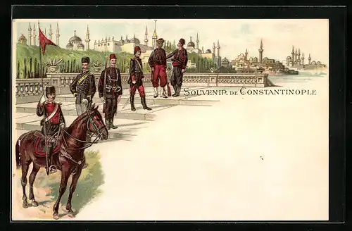 Lithographie Constantinople, Totalansicht mit türkischen Soldaten unterschiedlicher Waffengattungen