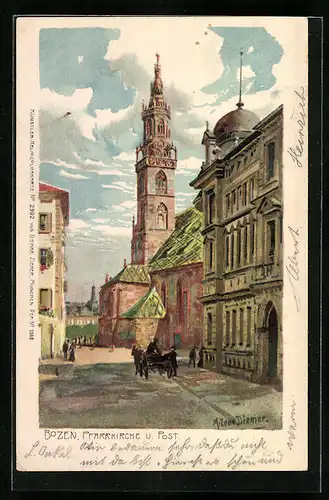 Künstler-AK Zeno Diemer: Bozen, Pfarrkirche und Post
