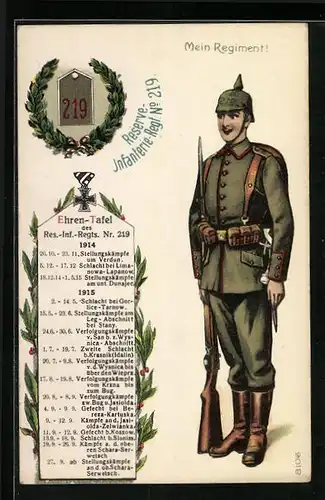 Künstler-AK Mein Regiment, Reserve-Infanterie-Regt.-No 219, Soldat in Uniform mit Karabiner