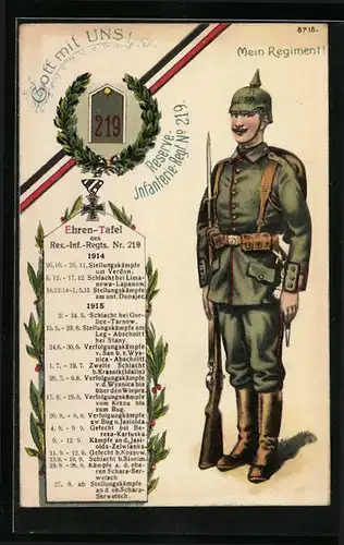 Künstler-AK Mein Regiment, Reserve-Infanterie-Regt.-No 219, Soldat in Uniform mit Karabiner