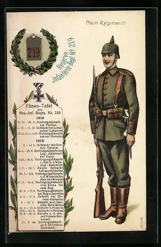 Künstler-AK Mein Regiment, Reserve-Infanterie-Regt.-No 219, Soldat in Uniform mit Karabiner