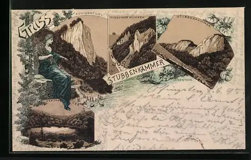 Vorläufer-Lithographie Stubbenkammer, 1895, Königsstuhl, Herthasee und Wissower Klinken
