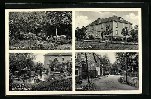 AK Eisbergen bei Rinteln /Weserbergland, Pension Nolte mit Liegewiese und Schwimmbecken, Dorfstrasse