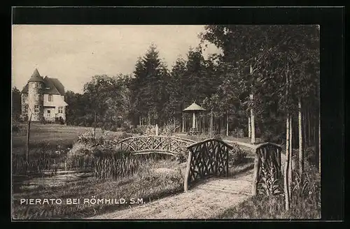 AK Römhild /S.M., Villa Pierato hinter Parkanlage mit Brücke