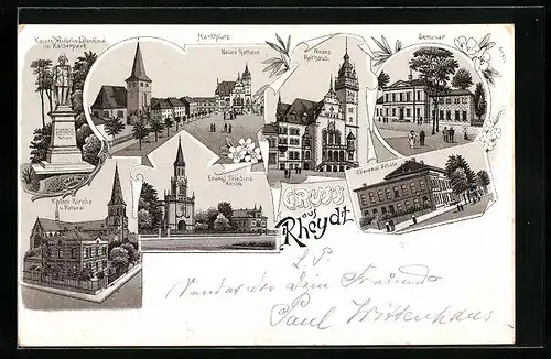 Lithographie Rheydt, Oberrealschule, Markt mit Neuem Rathaus, Ev. und Kath. Kirchen