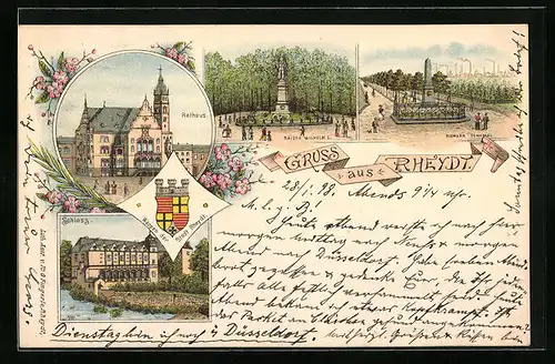 Lithographie Rheydt, Rathaus, Schloss, Bismarck-Denkmal, Wappen