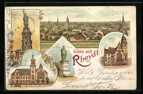 Lithographie Rheydt, Teilansicht aus der Vogelschau, Neue Post, Rathaus, Hohenzollern-Brunnen