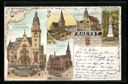 Lithographie Rheydt, Rathaus mit Hohenzollernbrunnen, Kirchen, Denkmäler