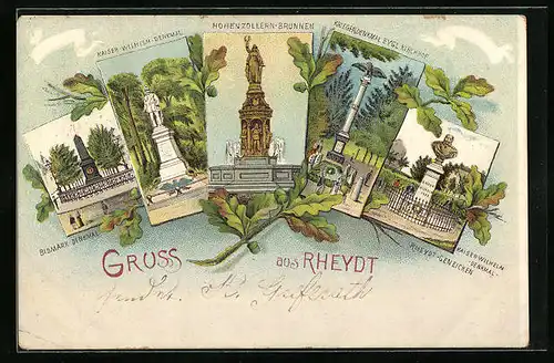 Lithographie Rheydt, Bismarck- und Kaiser Wilhelm-Denkmal, Hohenzollern-Brunnen, Kriegerdenkmal