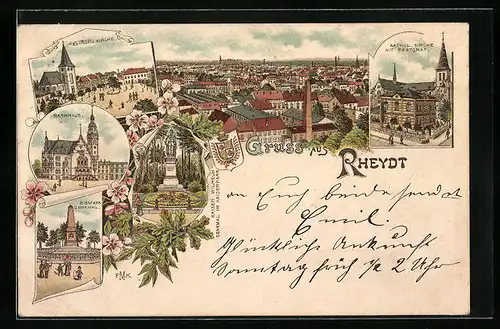 Lithographie Rheydt, Kathol. Kirche mit Pastorat, Ev. Kirche, Rathaus, Ortsansicht