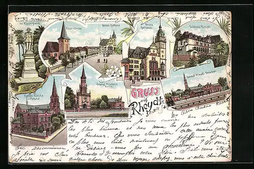 Lithographie Rheydt, Schloss Rheydt, Strassenpartie mit Haupt-Kirche und Rathaus, Bahnhof Rheydt-Geneiken