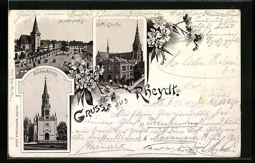 Vorläufer-Lithographie Rheydt, 1895, Marktplatz, Friedenskirche, Kath. Kirche