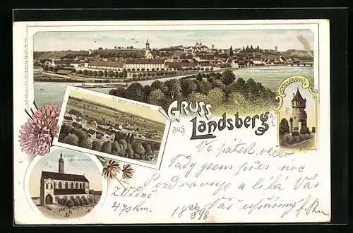 Lithographie Landsberg a. L., St. Katharina Vorstadt, Mutterturm, Stadtpfarrkirche
