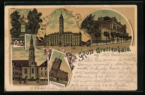 Lithographie Grossenhain, Rathaus, Post, Kupferbergturm
