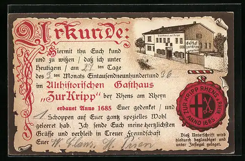 Künstler-AK Rhens am Rheyn, Gasthaus zur Kripp, Urkunde mit Siegel