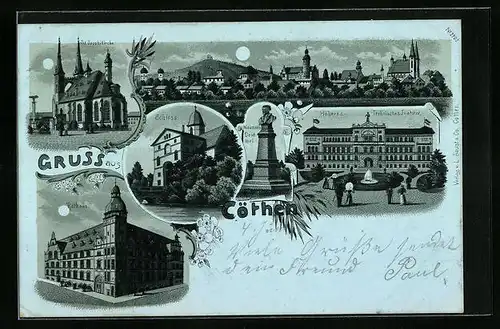 Mondschein-Lithographie Cöthen, Schloss, Höheres-Technisches Institut, St. Jacobikirche