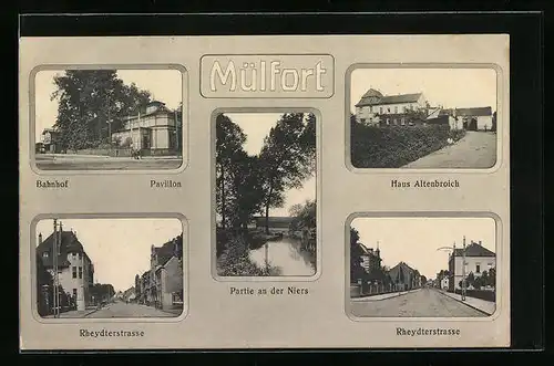 AK Mülfort, Haus Altenbroich, Bahnhof mit Pavillon, Partie an der Niers