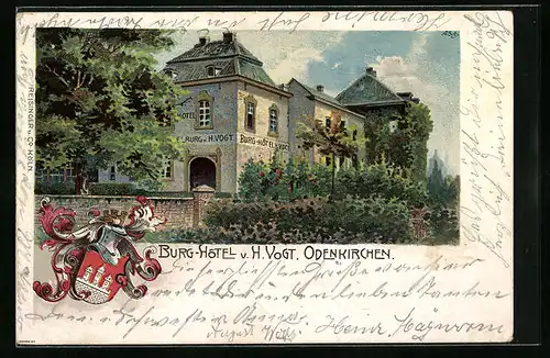 Lithographie Odenkirchen, Burg-Hotel von H. Vogt, Wappen