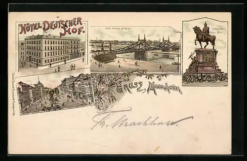 Lithographie Mannheim, Hotel Deutscher Hof, Neue Neckar-Brücke, Denkmal Kaiser Wilhelm I.