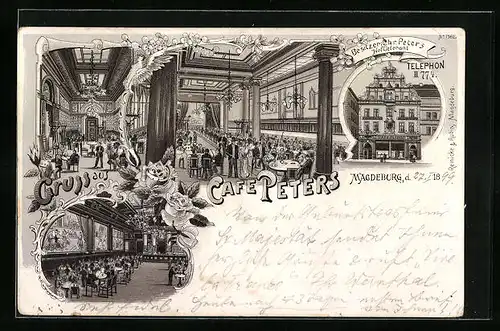 Lithographie Magdeburg, Cafe Peters - Gebäude, Grosser Saal mit Gästen