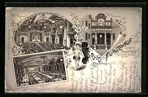 Lithographie Magdeburg, Gasthaus Fürstenhof - Eingangsportal, Grosser Saal mit Bühne