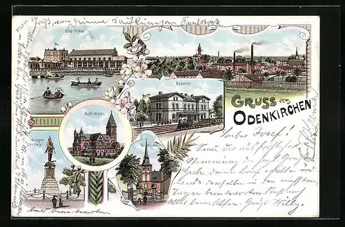 Lithographie Odenkirchen, Bad-Hotel, Bahnhof, Krieger-Denkmal