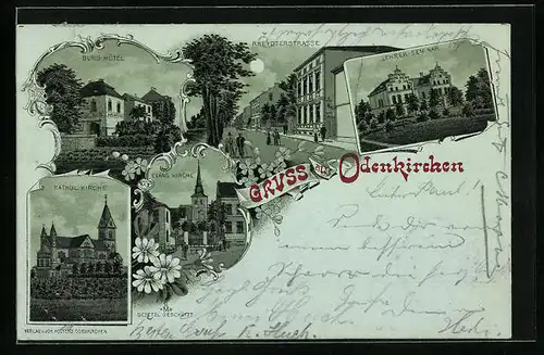 Mondschein-Lithographie Odenkirchen, Burg-Hotel, Lehrer-Seminar, Evangelische Kirche