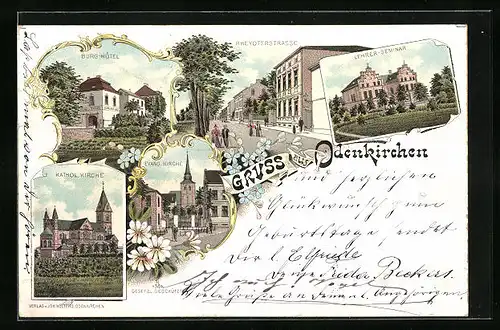 Lithographie Odenkirchen, Burg-Hotel, Evangelische Kirche, Lehrer-Seminar