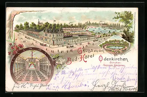 Lithographie Odenkirchen, Bad-Hotel, Innenansicht, Rennbahn