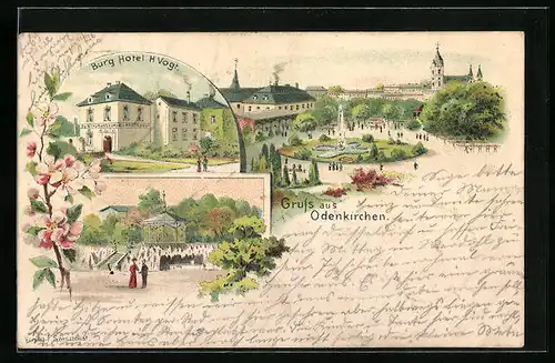 Lithographie Odenkirchen, Burg Hotel H. Vogt, Pavillon, Ortspartie mit Brunnen