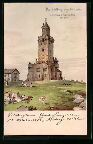 AK Feldberg /Taunus, Der Feldbergturm mit Ausflüglern beim Picknick