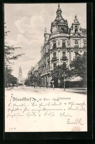 AK Düsseldorf, Oststrasse mit Kirche