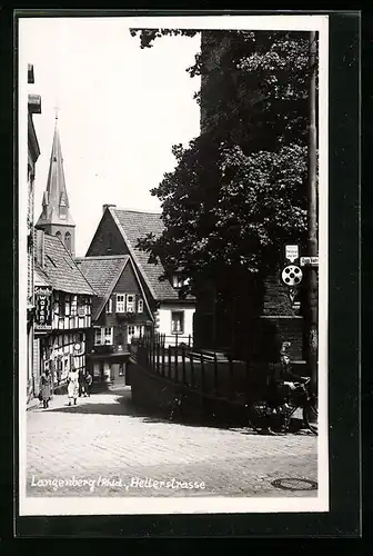 AK Langenberg /Rhld., Hellerstrasse mit Kirche und Schuhwaren Fleischer
