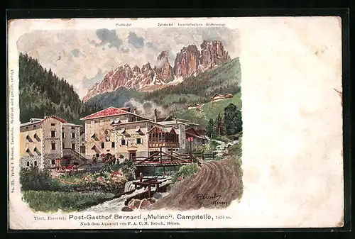 Künstler-AK F.A.C.M. Reisch: Campitello di Fassa, Post-Gasthof Mulino mit Platt- und Zahnkofel