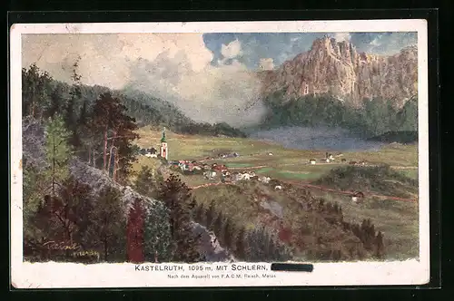 Künstler-AK F.A.C.M. Reisch: Kastelruth, Gesamtansicht mit Umgebung uns Schlern