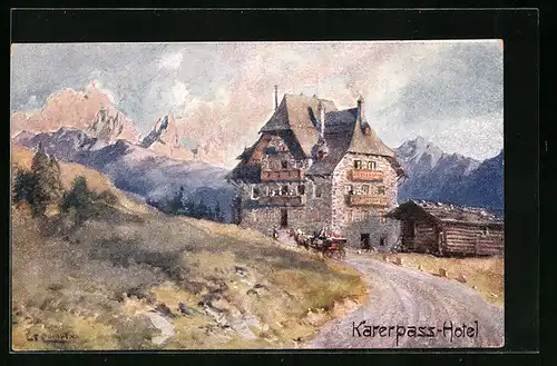 Künstler-AK Edward Theodore Compton: Karerpass, Karerpass-Hotel mit Strasse und Kutsche