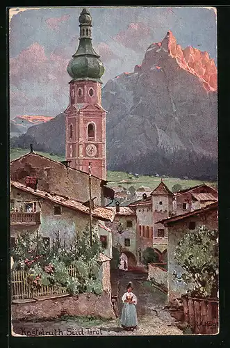 Künstler-AK Rudolf Alfred Höger: Kastelruth, Ortspartie mit Kirche und Bergpanorama