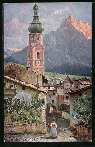 Künstler-AK Rudolf Alfred Höger: Castelrotto, Ortspartie mit Kirche