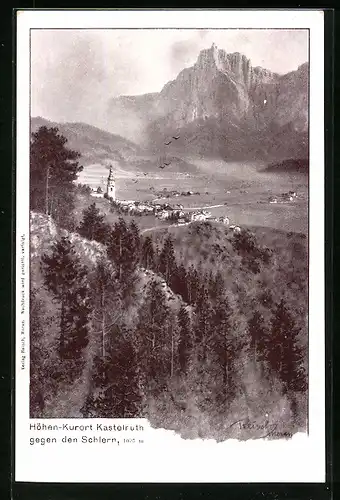 Künstler-AK F.A.C.M. Reisch: Kastelruth, Ortsansicht gegen den Schlern