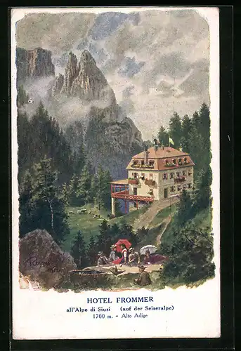 Künstler-AK F.A.C.M. Reisch: Siusi, Hotel Frommer mit Wanderern beim Picknick