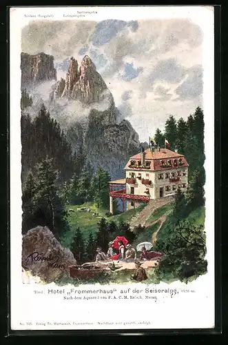 Künstler-AK F.A.C.M. Reisch: Seiseralpe mit Hotel Frommerhaus und Wanderern beim Picknick