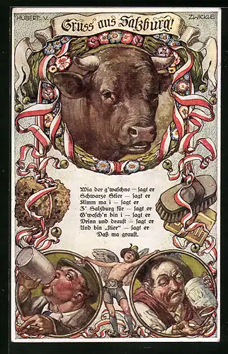 Künstler-AK Hubert von Zwickle: Salzburg, Stier und Trinker mit Bierkrügen