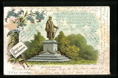 Lithographie Nordhausen, Bismarck-Denkmal, Blumen
