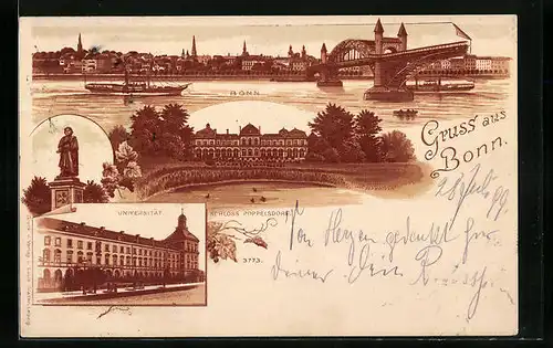 Lithographie Bonn, Panorama, Schloss Poppelsdorf, Universität